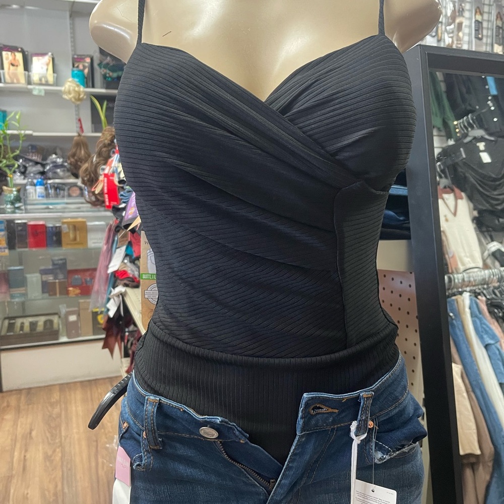 Black Ribbed Wrap-Front Cami Top - Picture 5 of 7